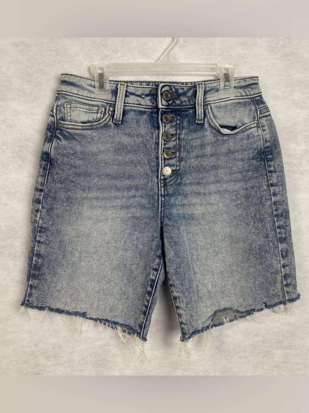 SO Denim Mom Shorts Women’s Sz 0 High Rise Button Fly Bermuda Distressed Light